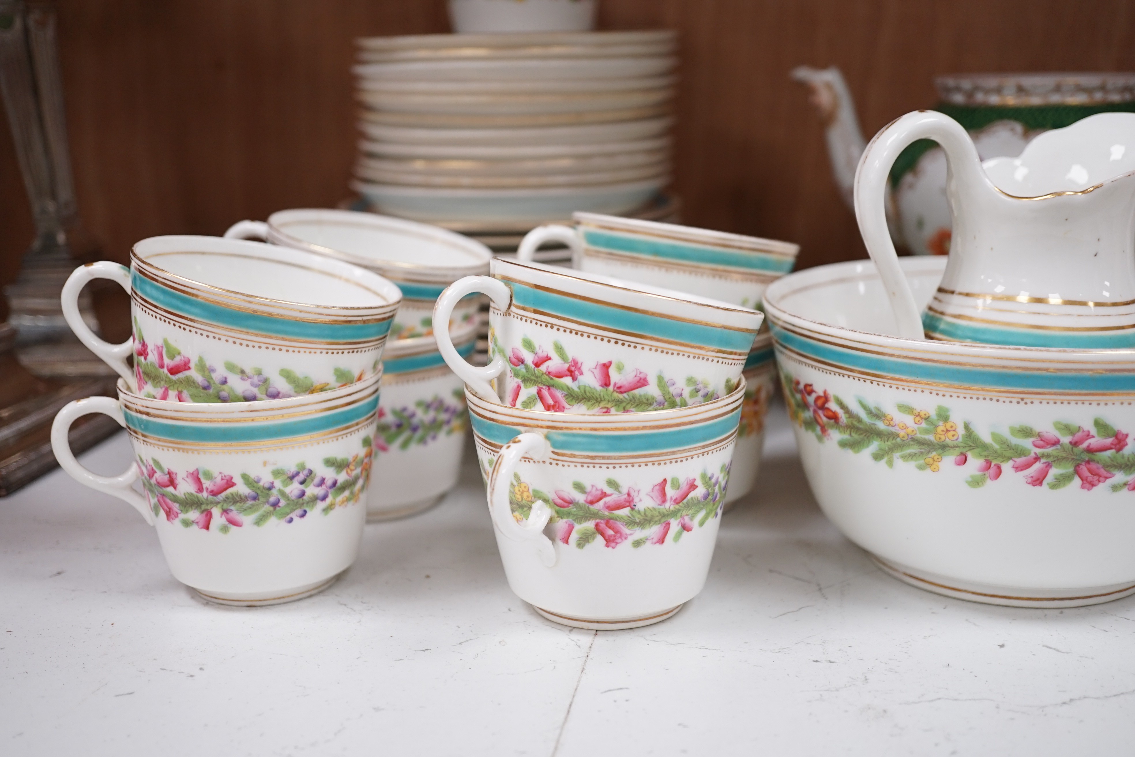 Mixed tea wares to include Nymphenburg, Dresden and a Victorian floral decorated bone china tea set